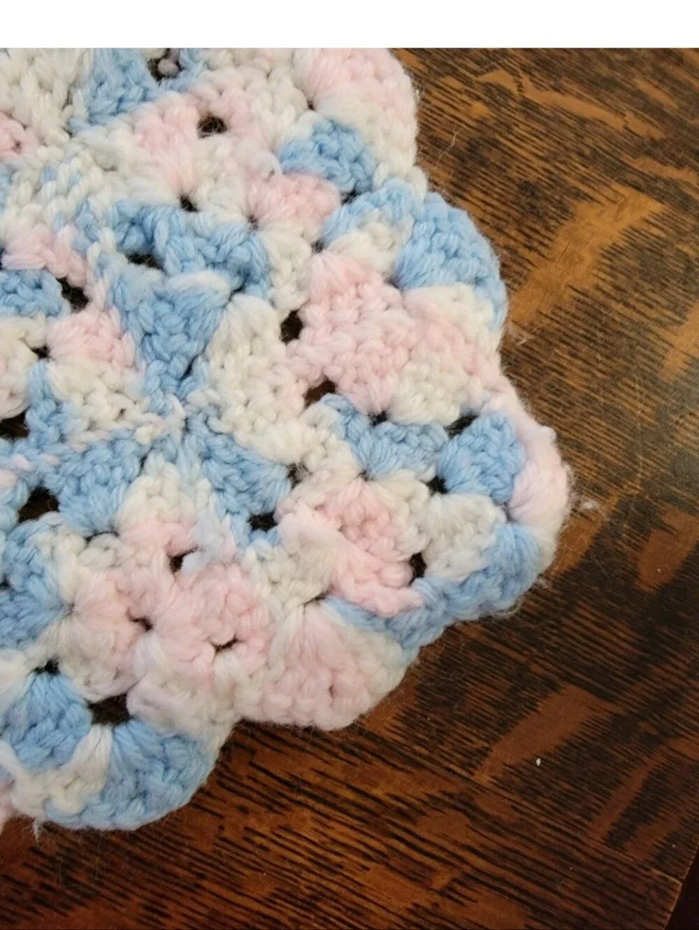 Handmade Pastel Crochet Baby Blanket - Blue White & Pink